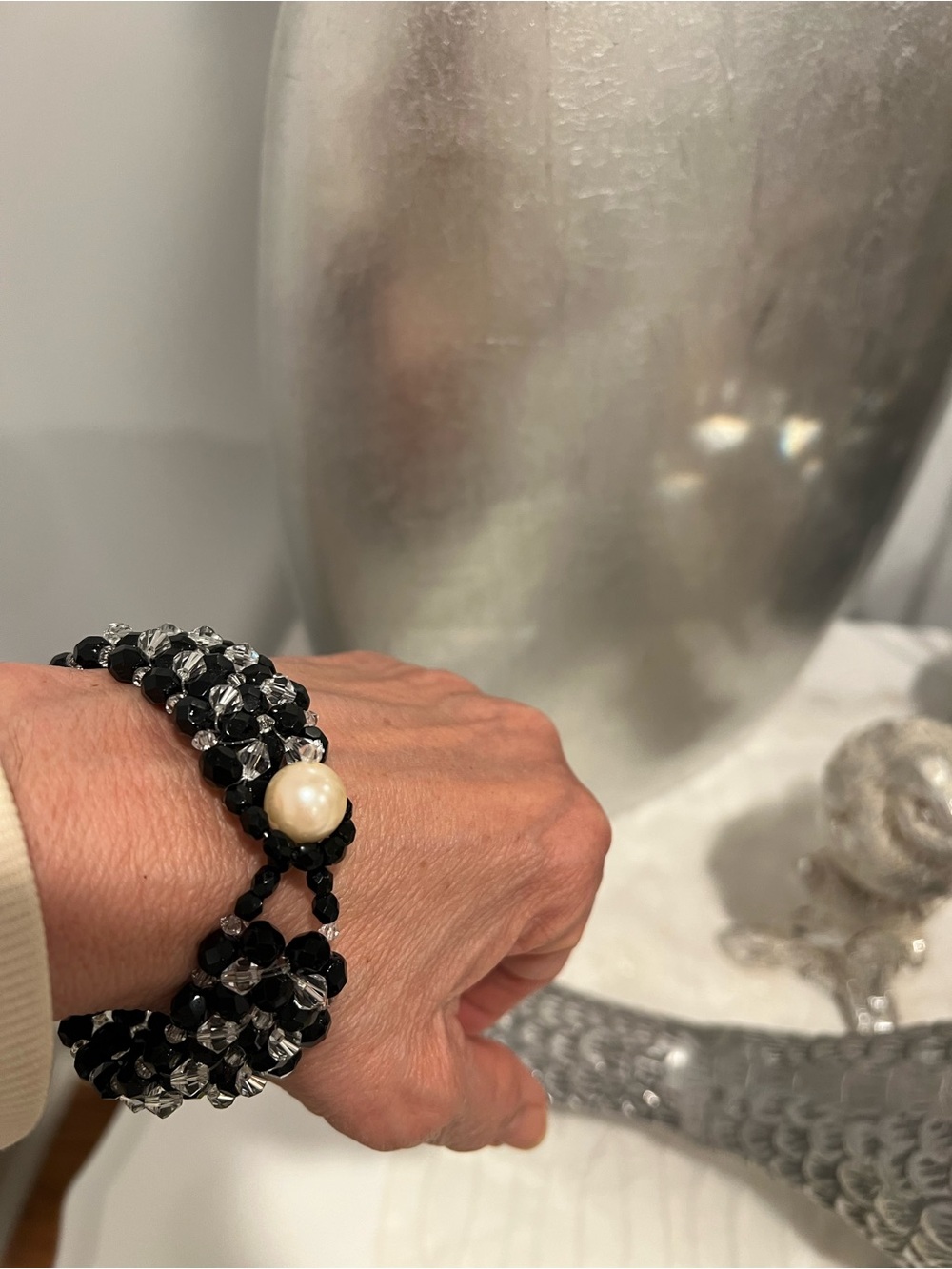 Stanley Black and Clear Beaded Bracelet with Pearl Accent
